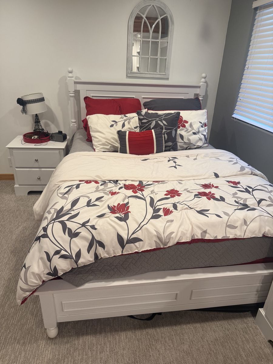 White Wooden Bed Frame with Matching Nightstand