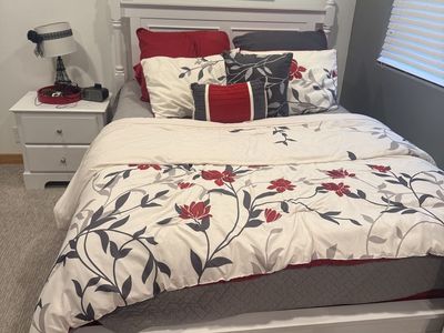 White Wooden Bed Frame with Matching Nightstand