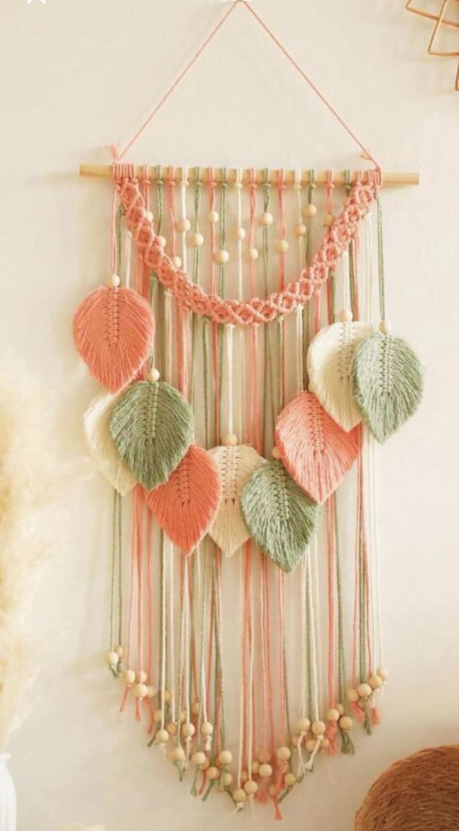 Handmade Macrame Wall Hanging Decor - Leaf Design, Pink/Green/White, 40x73cm