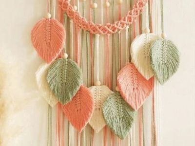 Handmade Macrame Wall Hanging Decor - Leaf Design, Pink/Green/White, 40x73cm