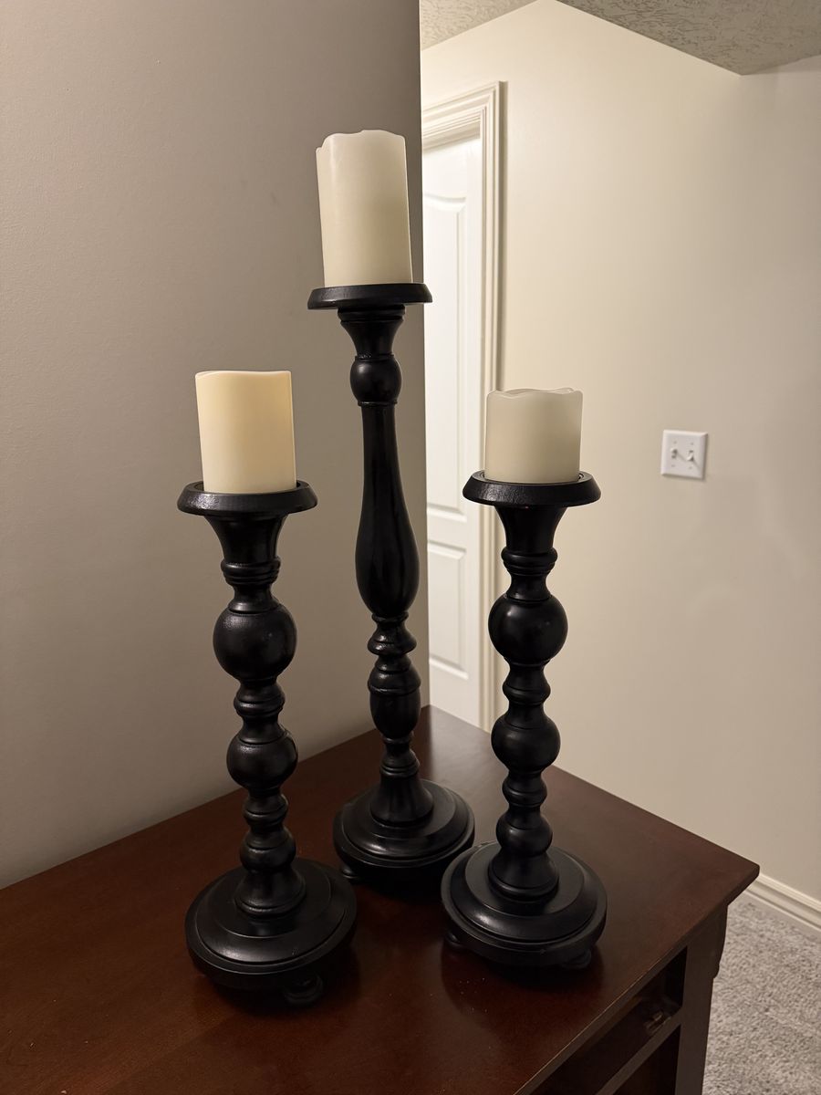 Set of 3 Black Wood Candlestick Holders with Flameless LED Candles - Assorted Heights