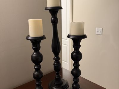 Set of 3 Black Wood Candlestick Holders with Flameless LED Candles - Assorted Heights