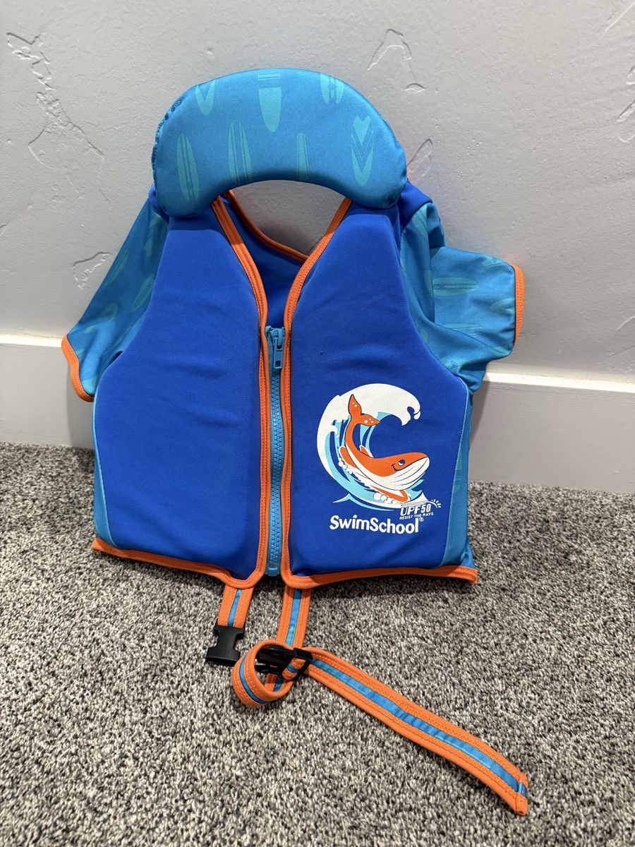 SwimSchool Blue and Orange Kids Swim Vest with Headrest