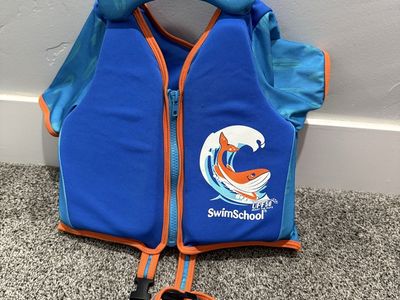 SwimSchool Blue and Orange Kids Swim Vest with Headrest