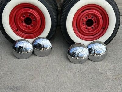 Vintage 6.70 x 15 White Wall Tires with Red Rims and Hubcaps