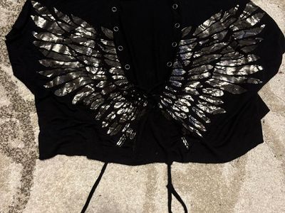 Fashion Nova Black short Sleeve Crop Top with Metallic Wing Print and Lace-Up Front, Size Small