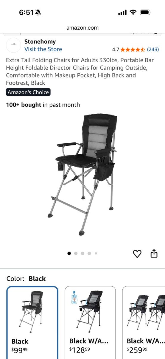 Stonehomy Extra Tall Folding Director Chair, 330lbs Capacity, Portable Bar Height w/ Footrest, Black