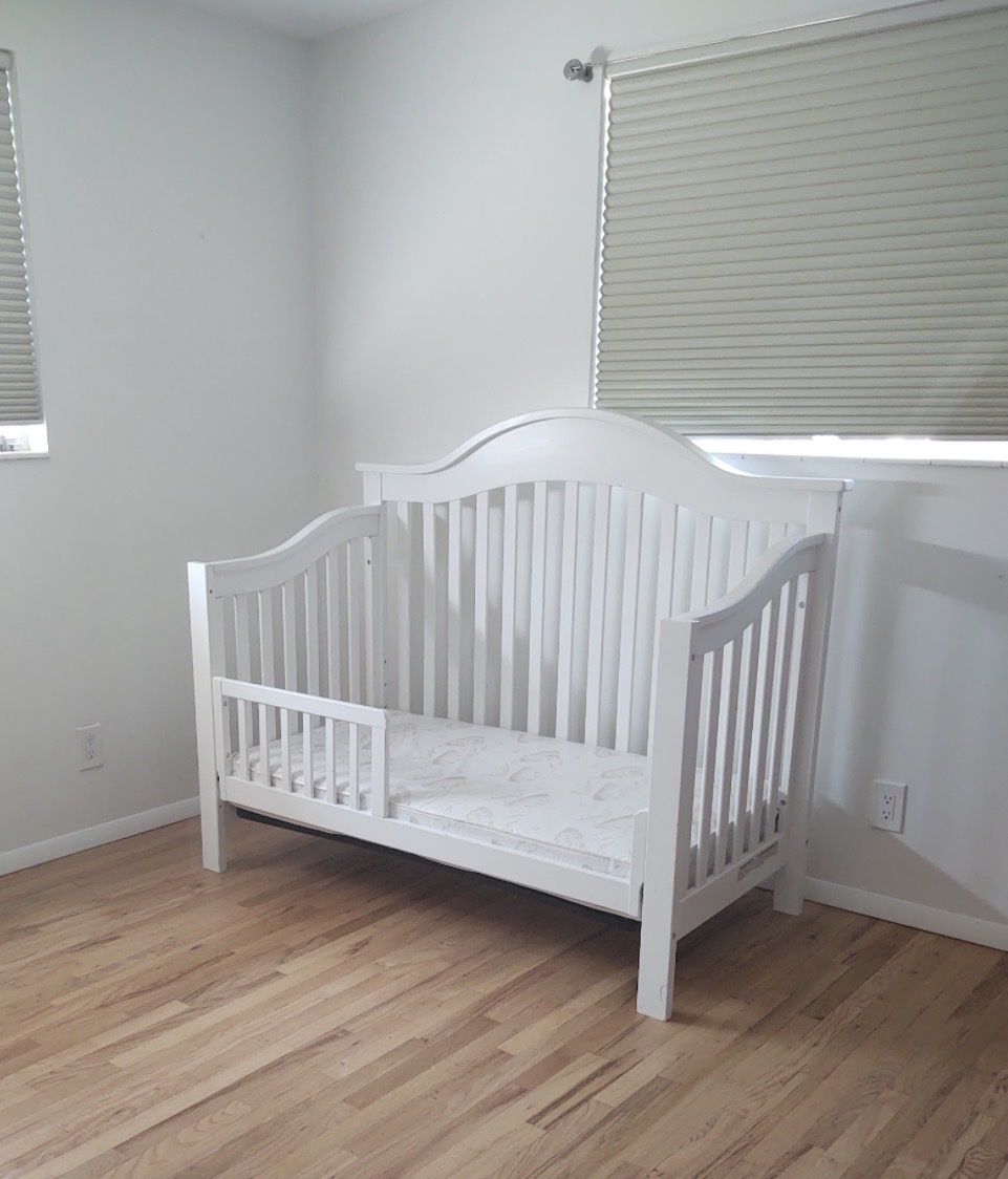 White Wood Toddler Bed with Safety Rail - Converts from Crib