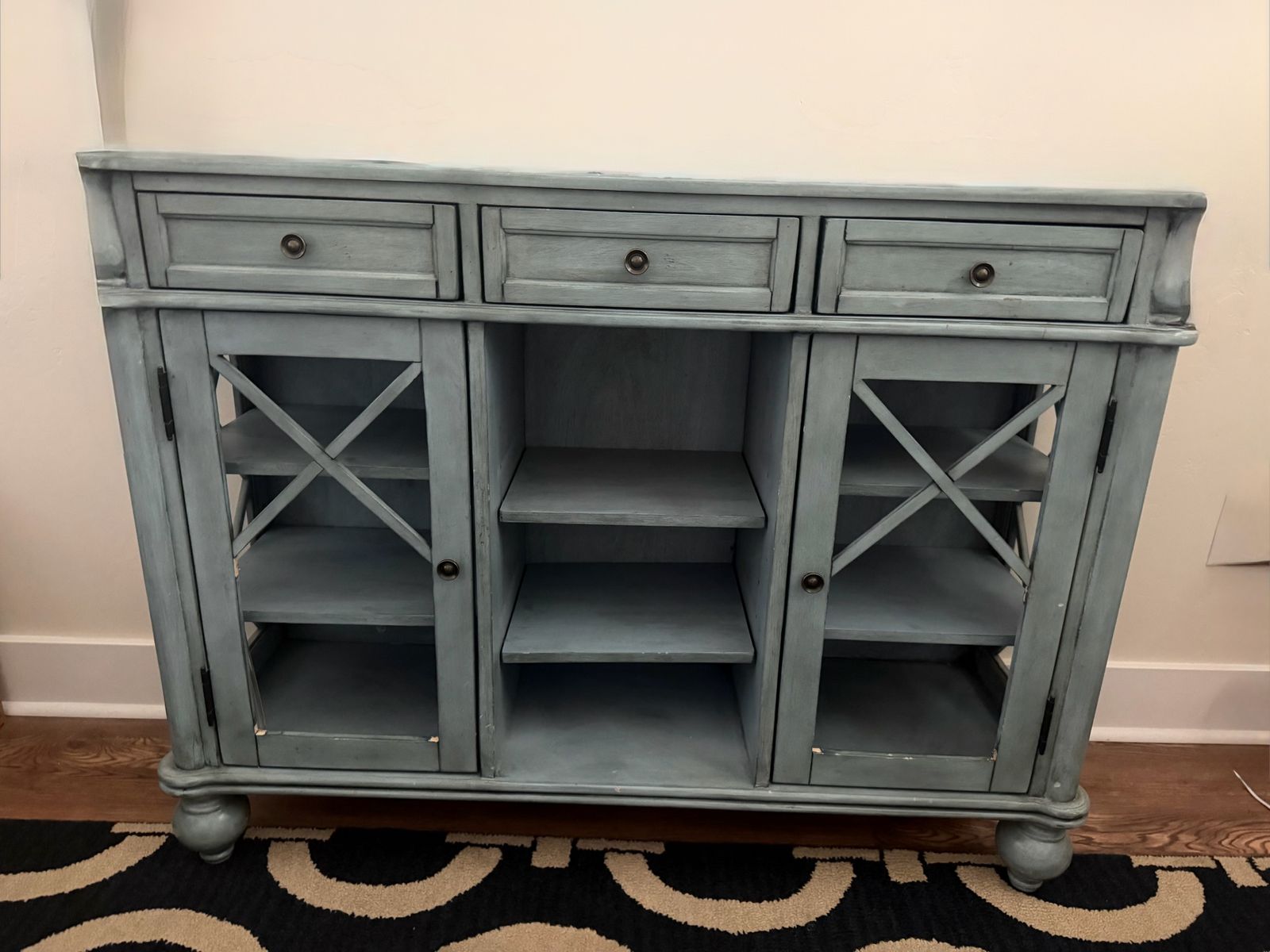 Distressed Blue Wooden Console Table Media Cabinet with Drawers and Glass Doors