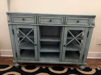 Distressed Blue Wooden Console Table Media Cabinet with Drawers and Glass Doors