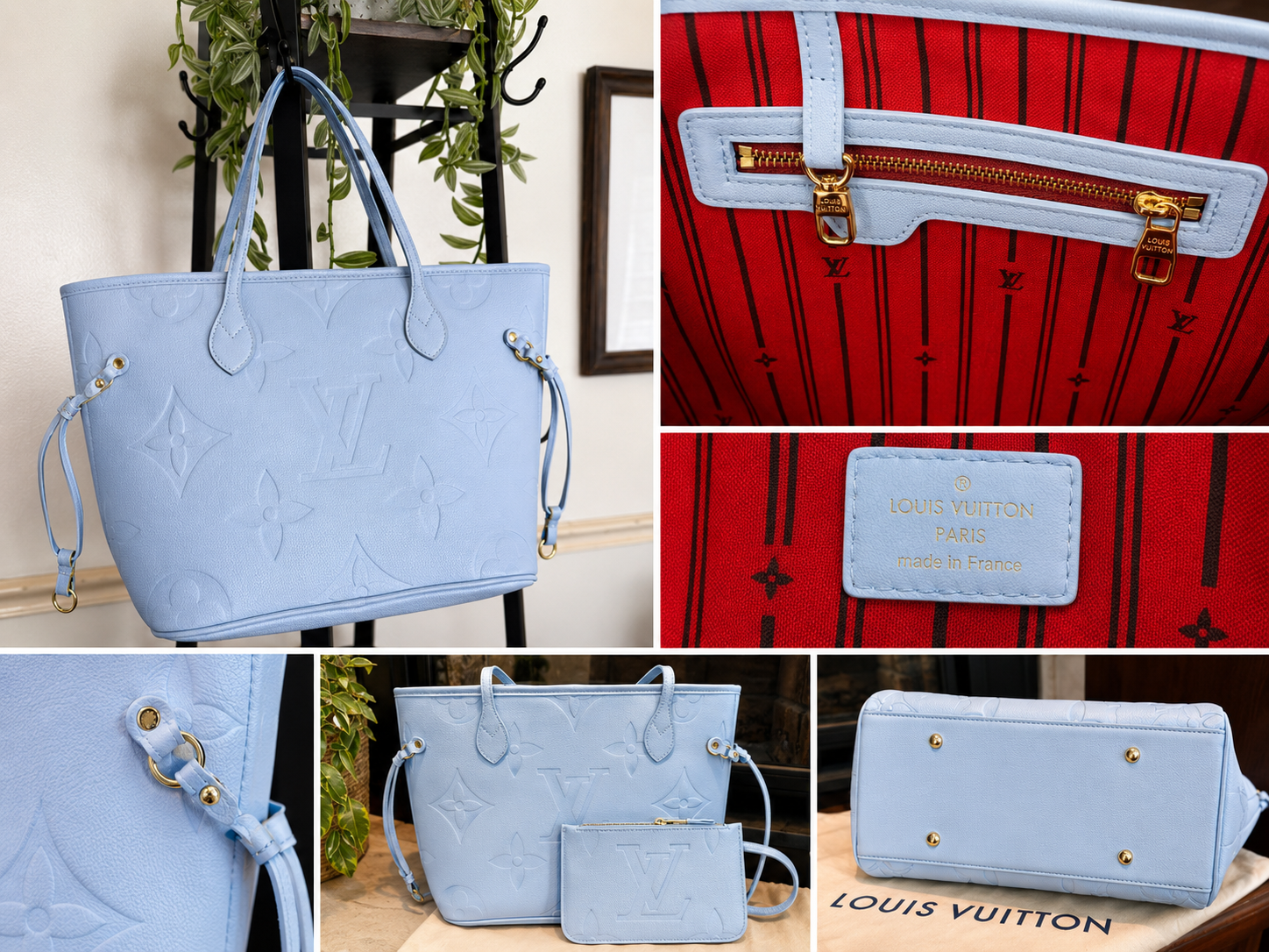 Baby Blue Neverfull Tote Bag Embossed Monogram  LV New