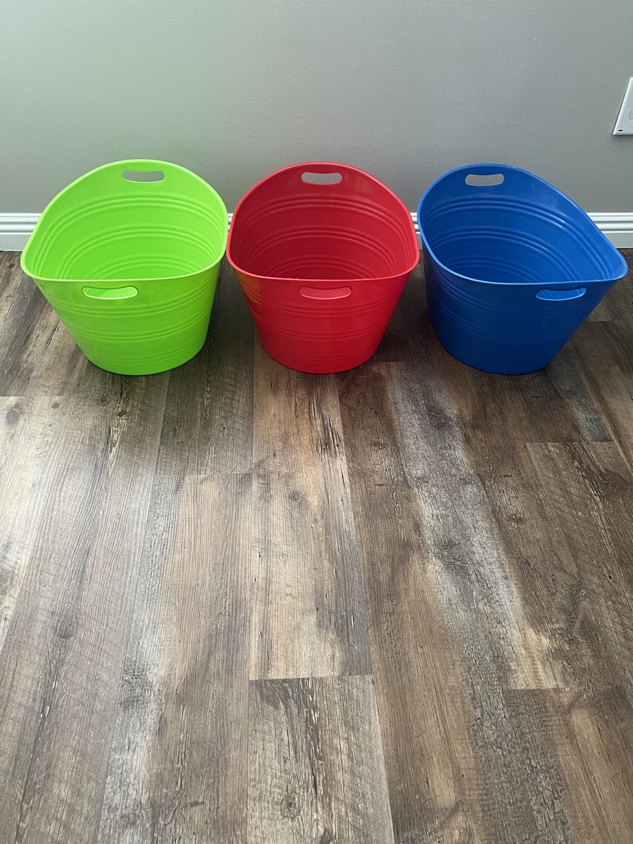 Set of 3 Plastic Storage Tubs - Green, Red, Blue - Multi-Purpose Storage Bins