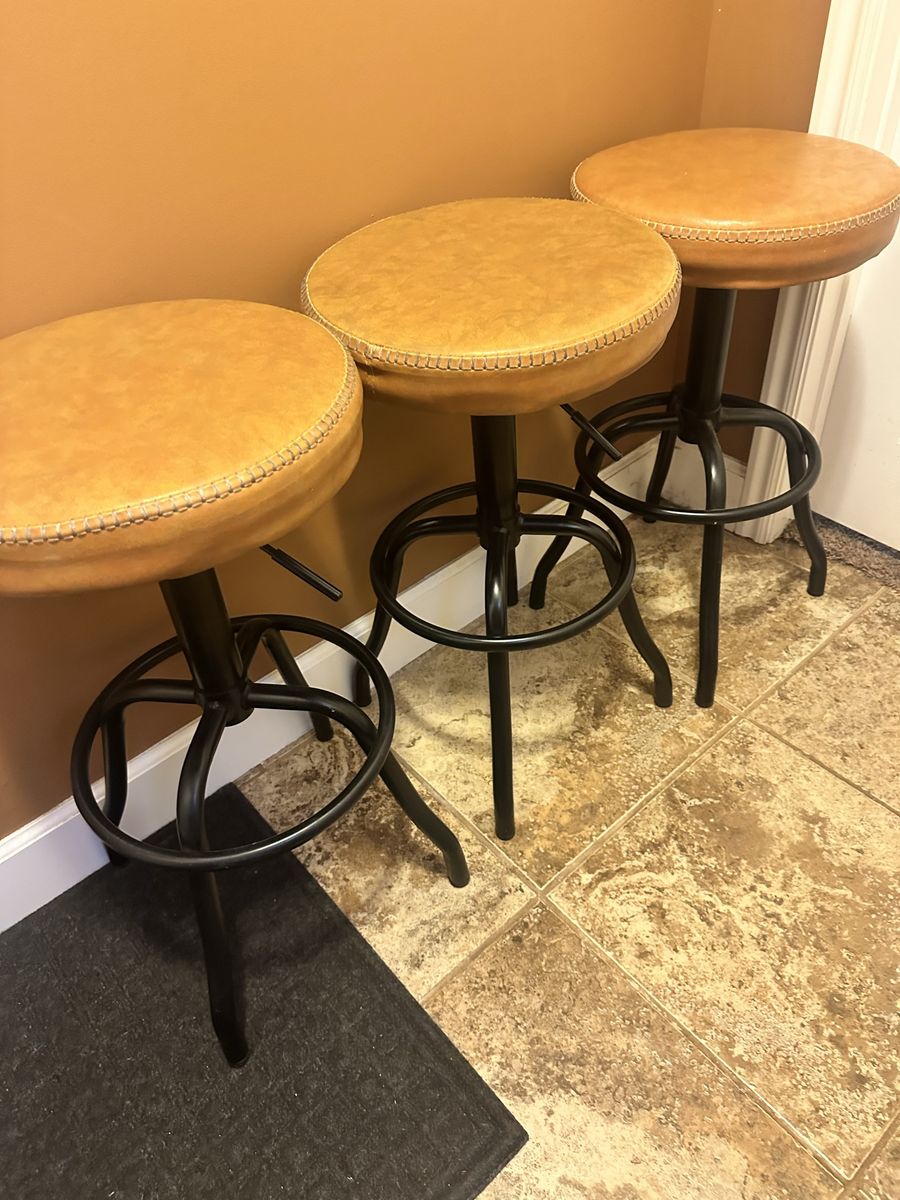 Set of 3 Adjustable Metal Bar Stools with Tan Leather Round Seats