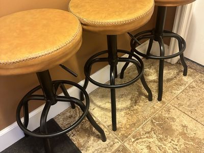 Set of 3 Adjustable Metal Bar Stools with Tan Leather Round Seats