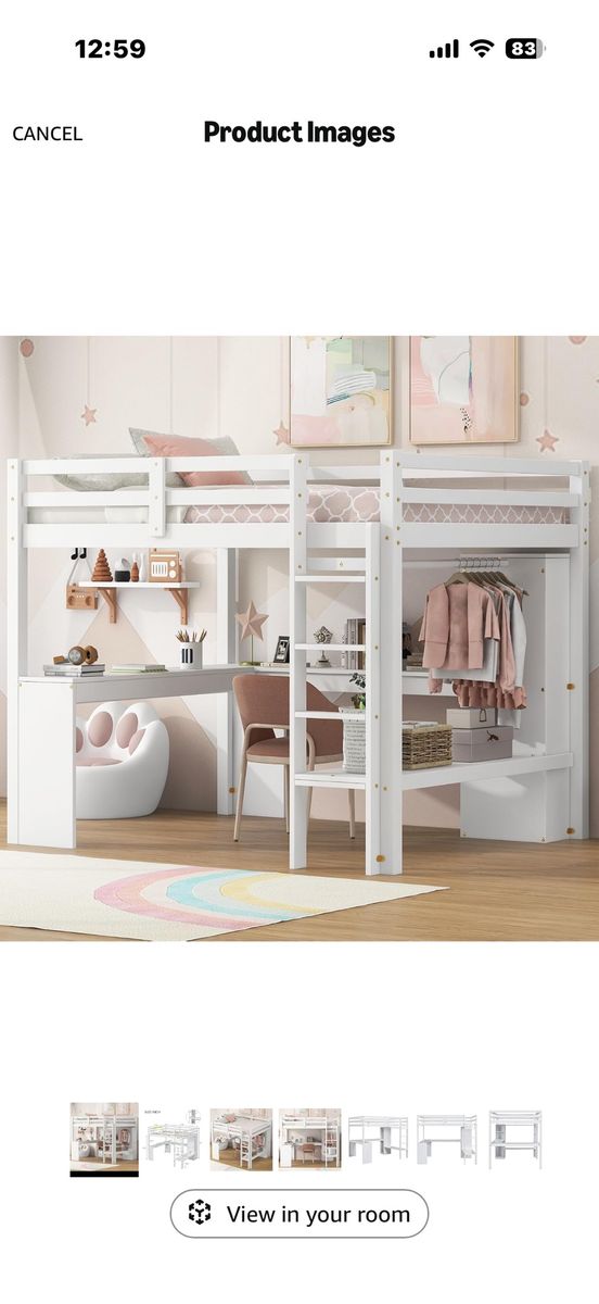 Full Size White Wooden Loft Bed Frame with L-Shaped Desk and Storage
