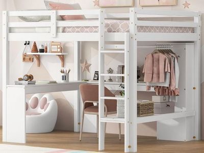 Full Size White Wooden Loft Bed Frame with L-Shaped Desk and Storage