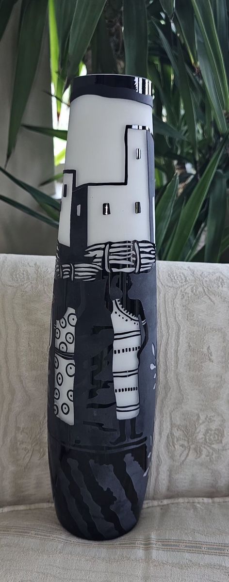 Village Etched Glass Vase - Black & White Decor 16"Tx2.7" Opening