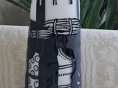 Village Etched Glass Vase - Black & White Decor 16"Tx2.7" Opening