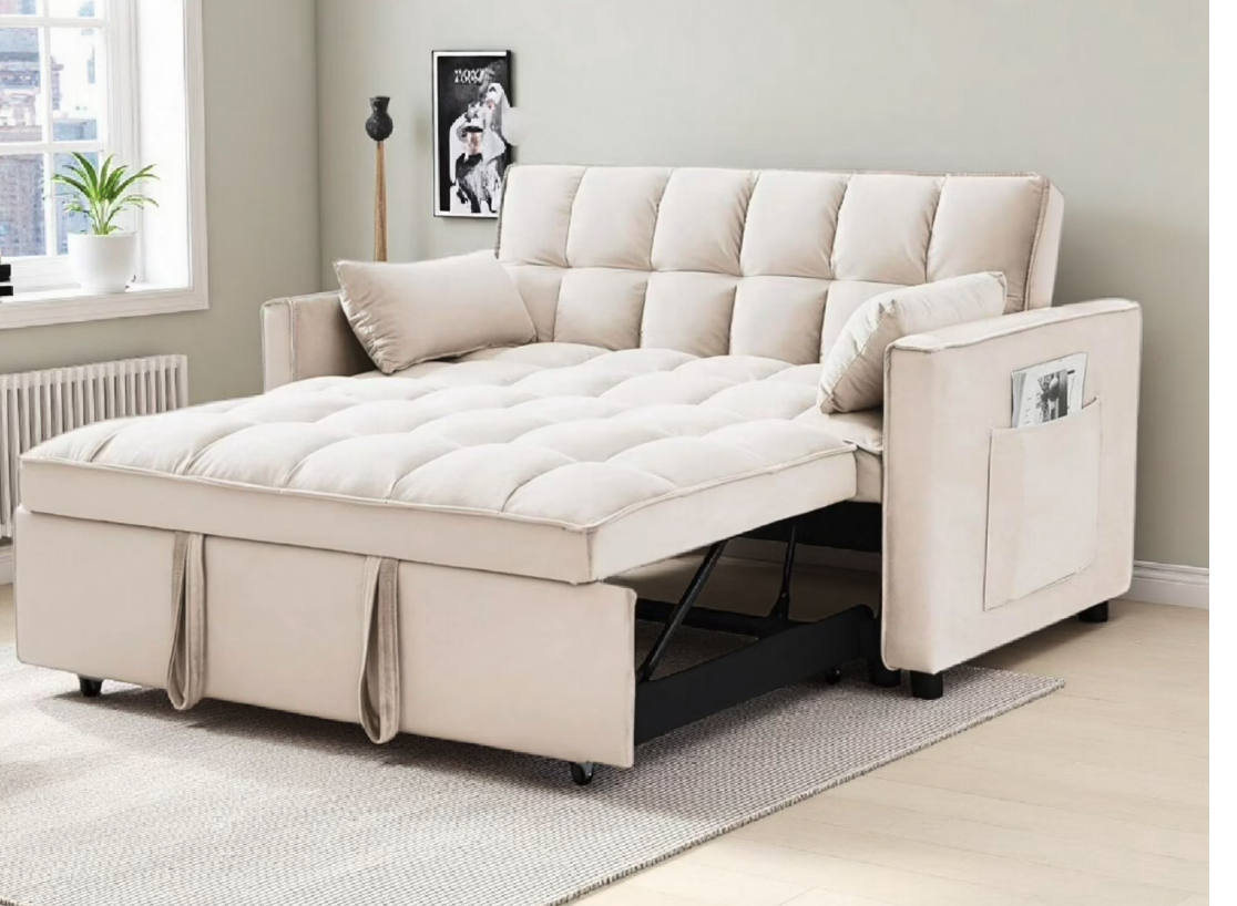 New in Box Velvet Beige 3 in 1 Convertible Sleeper Sofa Bed, Pull Out Loveseat Couch