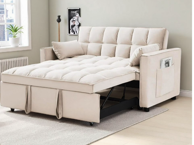 New in Box Velvet Beige 3 in 1 Convertible Sleeper Sofa Bed, Pull Out Loveseat Couch