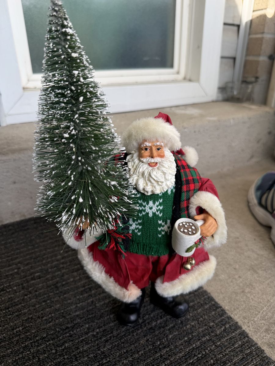Festive Santa Figurine with Christmas Tree & Hot Cocoa - 12" Tall Holiday Decor