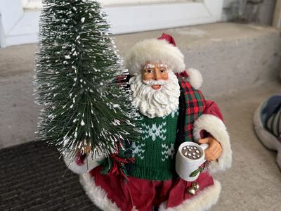 Festive Santa Figurine with Christmas Tree & Hot Cocoa - 12" Tall Holiday Decor