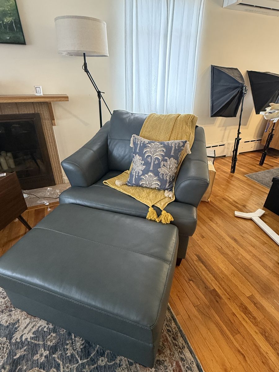 Smoke Blue Leather Overstuffed Chair w. Ottoman