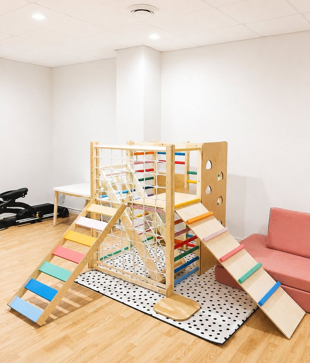 Large Wooden Indoor Pikler Play Gym with Climber, Slide, and Colorful Ladder