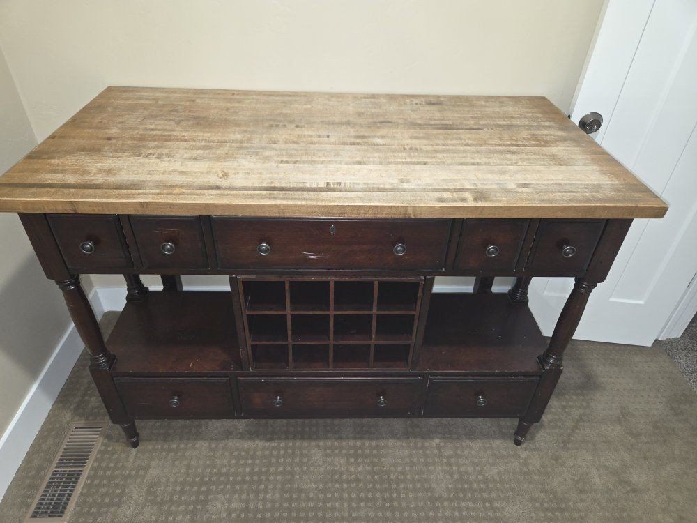 Wooden Kitchen Island Buffet with Butcher Block Top and Wine Rack