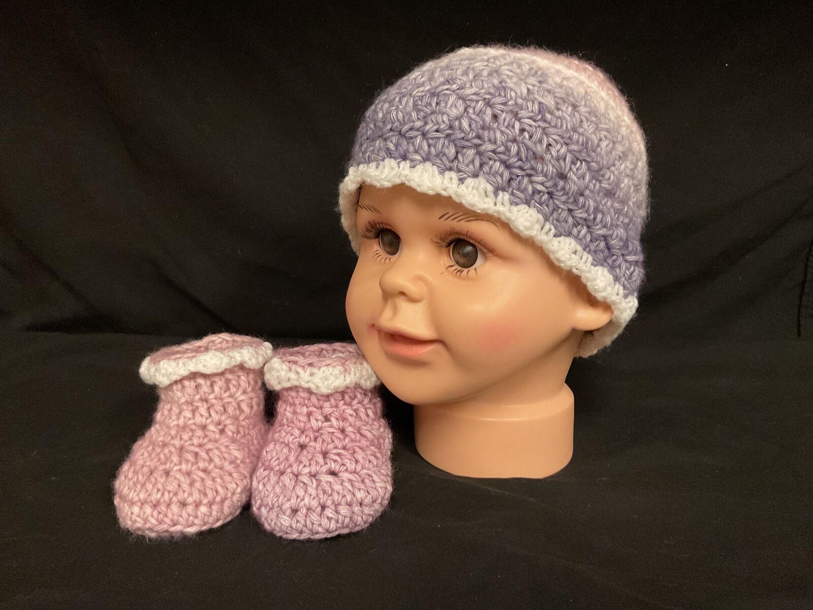Baby Girl Beanie And Booties - Pink/Purple