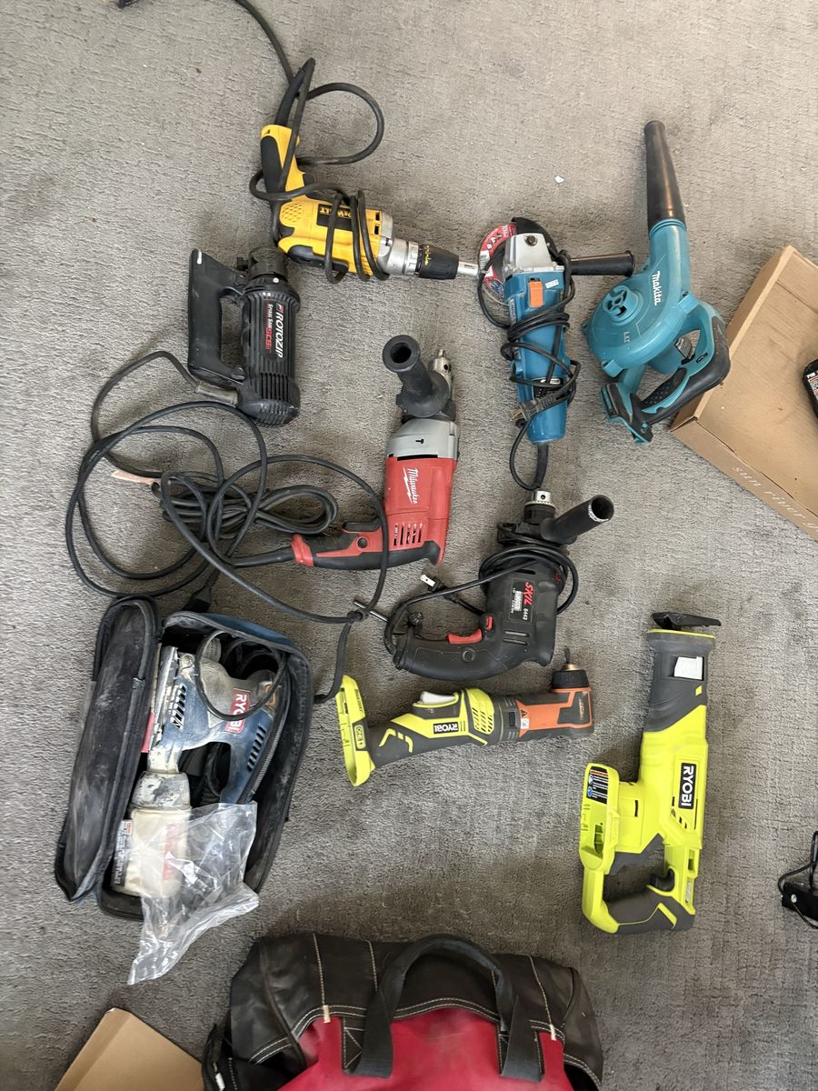 Power Tool Lot - Ryobi, Makita, Milwaukee Drills, Blower, Sander, Grinder, Saws - Used Condition