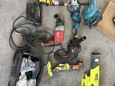 Power Tool Lot - Ryobi, Makita, Milwaukee Drills, Blower, Sander, Grinder, Saws - Used Condition