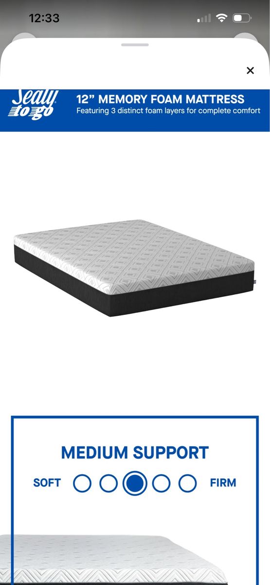 Sealy To Go 12" Twin XL Medium Memory Foam Mattress in a Box, 3 Layers, 10-Year Warranty