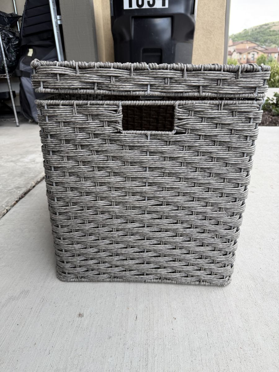 Large Gray Woven Storage Basket with Lid