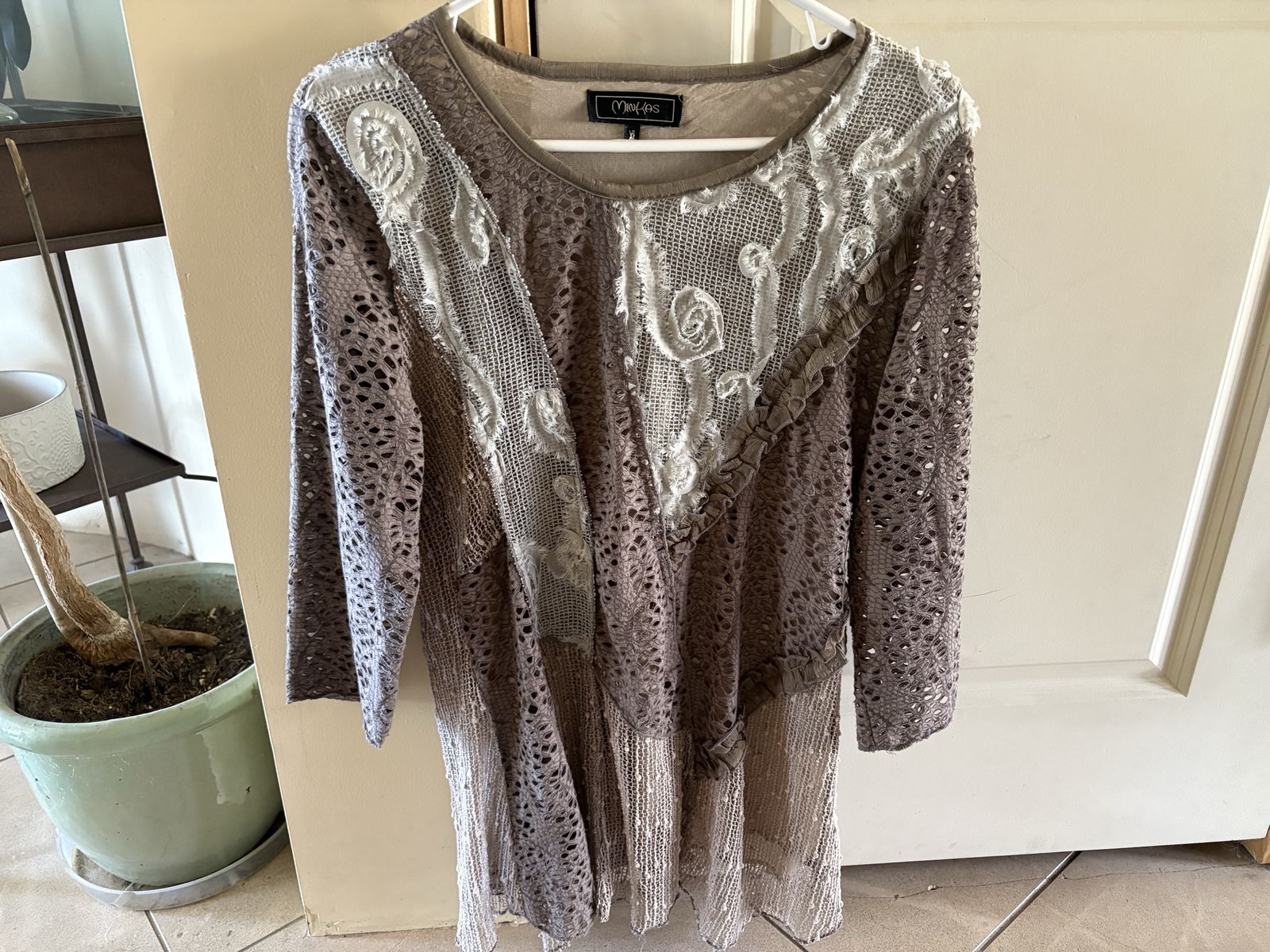 Minkas Patchwork Shirt w/ Lace & Taupe Crochet XL