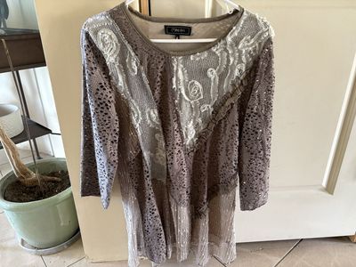 Minkas Patchwork Shirt w/ Lace & Taupe Crochet XL