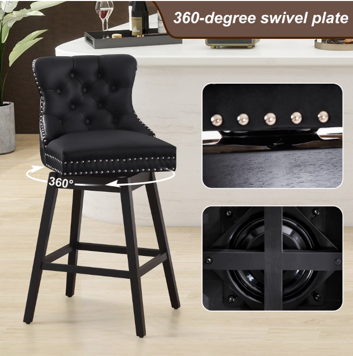 Black Leather Swivel Bar Stool with Button Tufting and Nailhead Trim