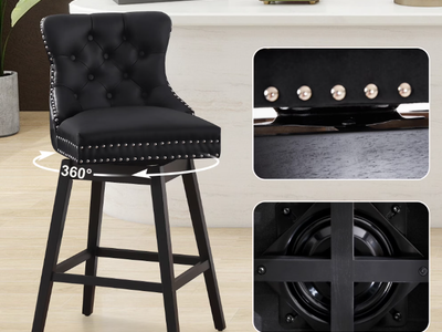 Black Leather Swivel Bar Stool with Button Tufting and Nailhead Trim