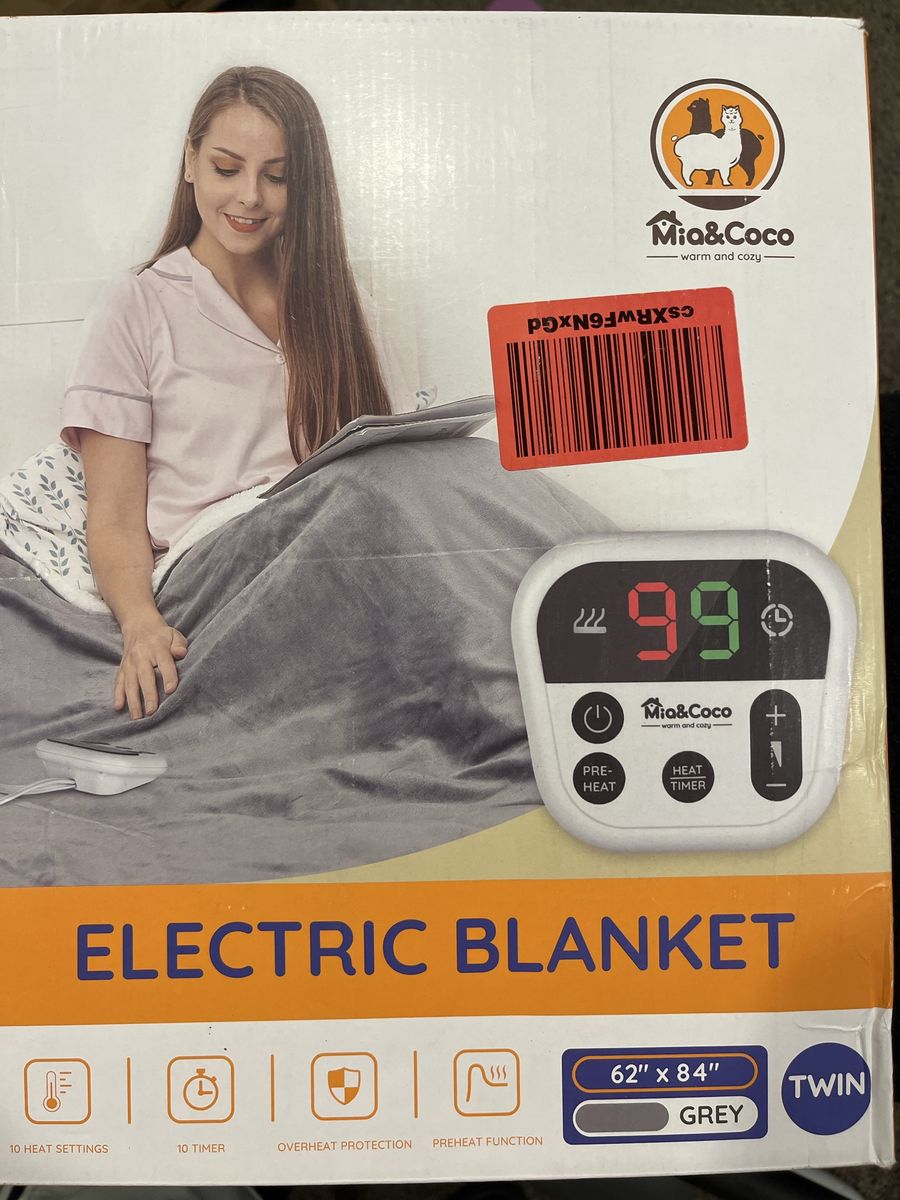 Mia&Coco Twin Size Electric Blanket - 62"x84" Grey, 10 Heat Settings, Overheat Protection