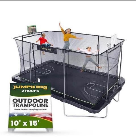 JUMPKING 10'x15' Rectangle Outdoor Trampoline with 2 Hoops - Heavy Duty, 800lb max weight