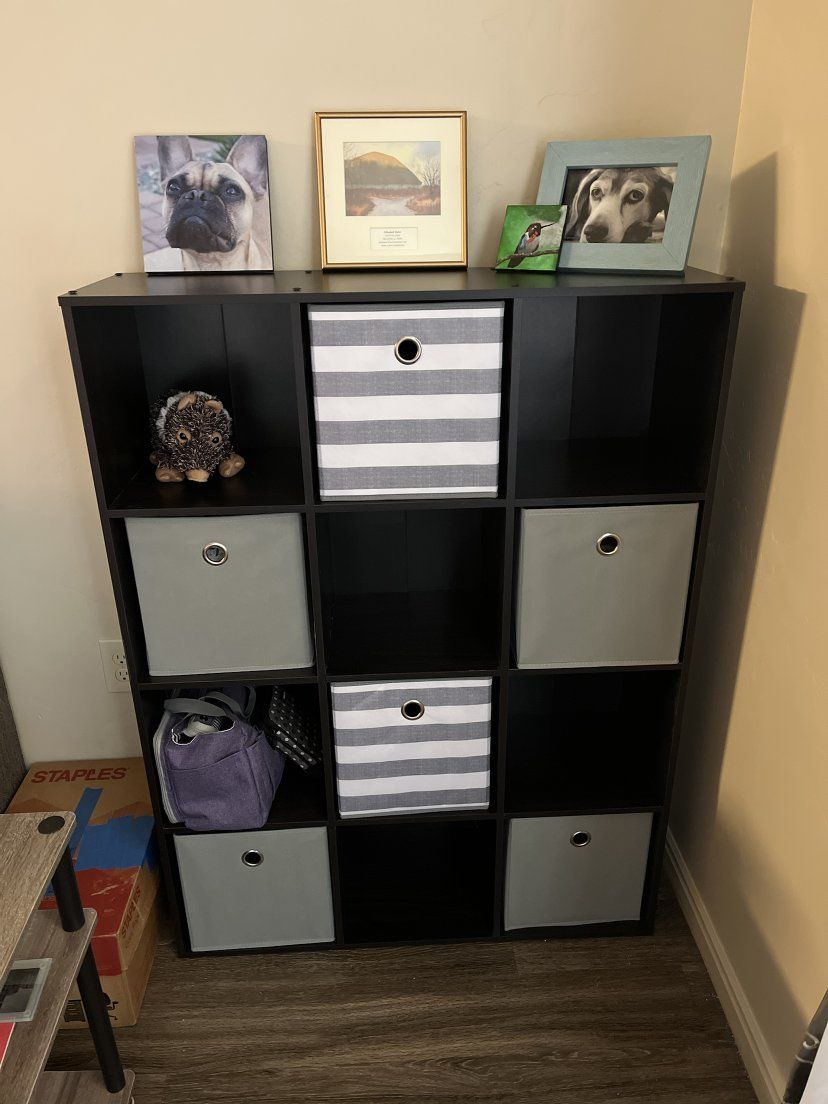 Black 9-Cube Storage Organizer with Gray & Striped Fabric Bins - Versatile & Space-Saving