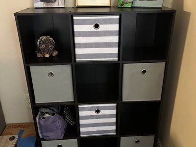 Black 9-Cube Storage Organizer with Gray & Striped Fabric Bins - Versatile & Space-Saving