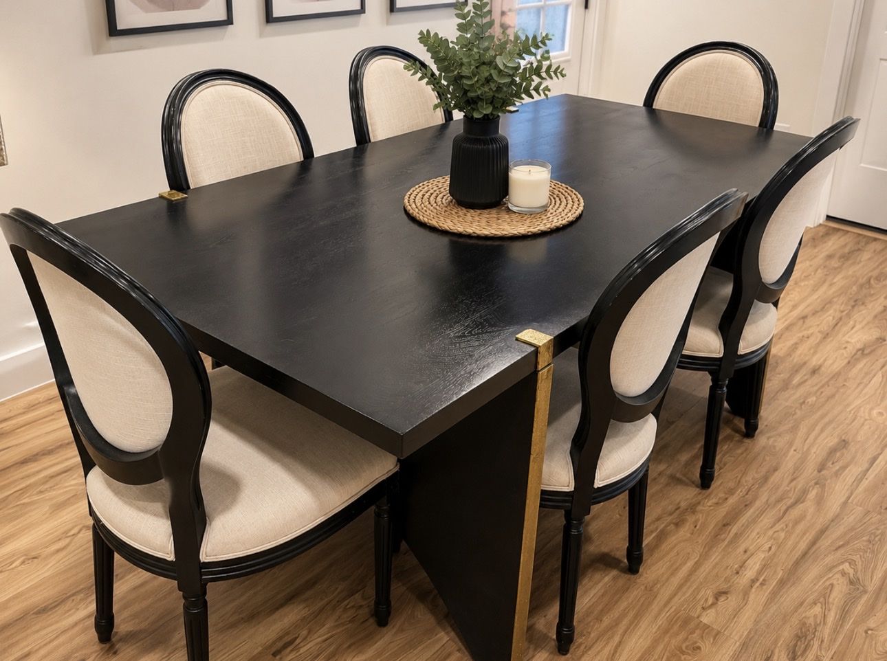 8’ Real Wood Black Dining Table with 6 Upholstered Chairs
