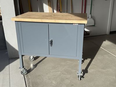 Mobile Uline Workbench with steel frame & cabinet