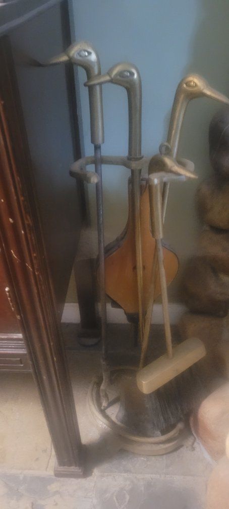Vintage Brass Duck Head Fireplace Tool Set with Bellows - Fireplace Tools & Accessories. make me a offer.