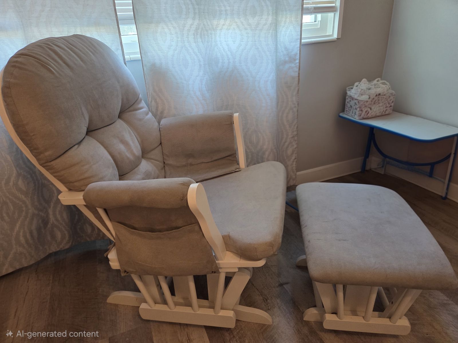 Nursery Glider Chair and Matching Ottoman Set - Beige Fabric with White Frame
