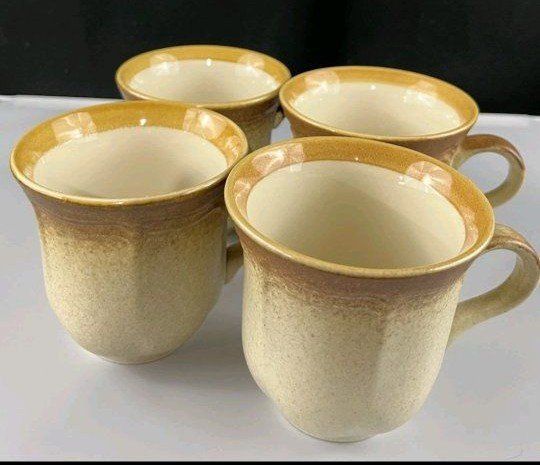 SET of eight (8) vintage Mikasa stonewear mugs cups "Whole Wheat" pattern brown tan speckles handles