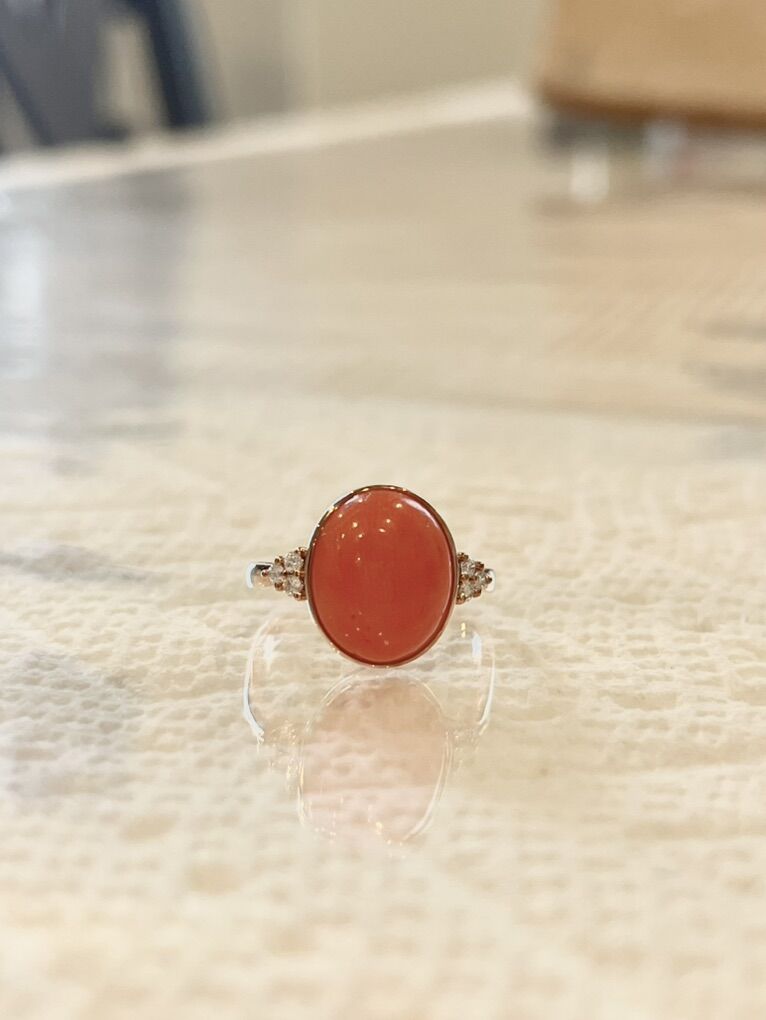 Natural Coral with Lab Grown Diamond Ring