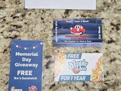 Fabulous Freddy's car wash gift cards. dip n dots, Ike's sandwiches Splash, vip car wash $110+ value!!!