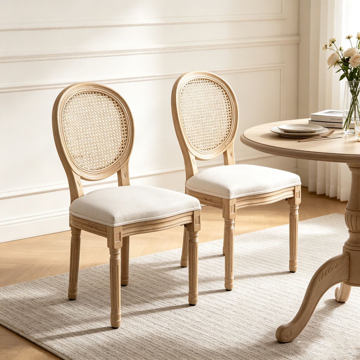 French Country Rattan Dining Chairs Set of 2